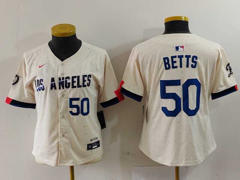 Womens Los Angeles Dodgers #50 Mookie Betts Number Cream 2024 City Connect Limited Stitched Jerseys